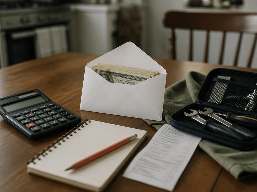 Savings envelope, calculator, receipt, and repair tools on a kitchen table