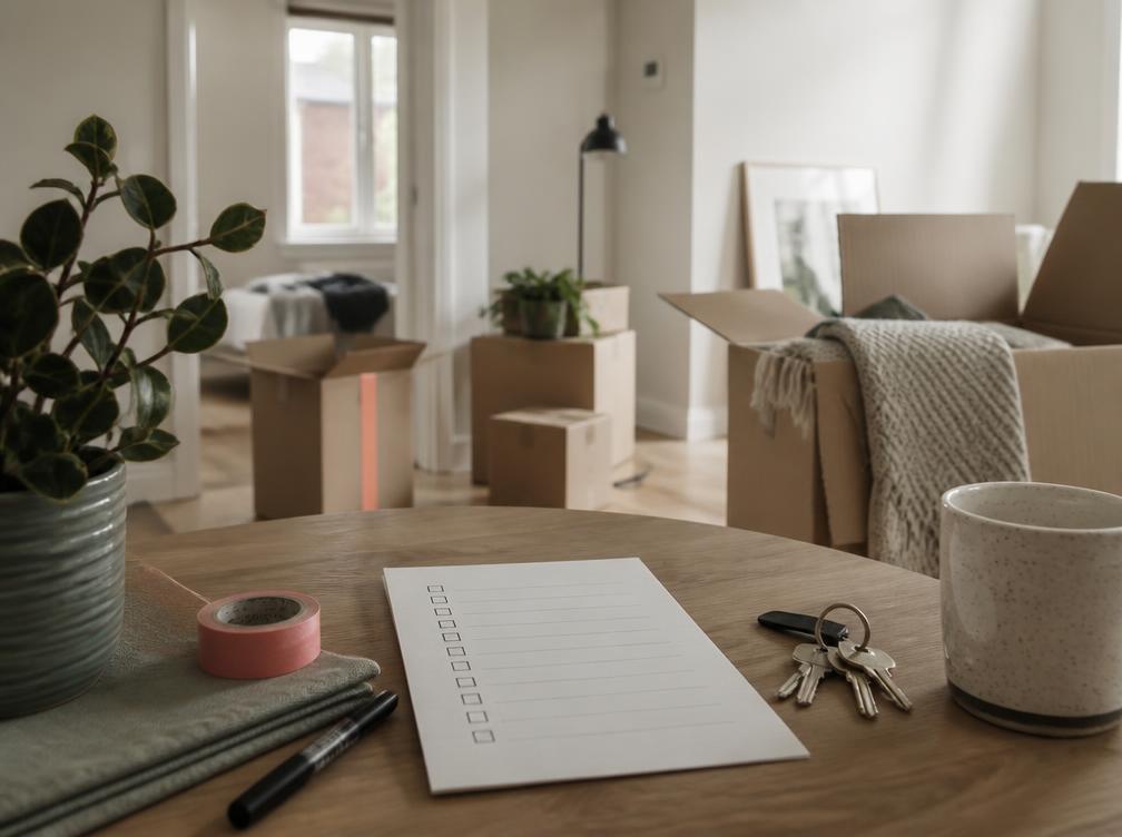 Moving boxes, keys, and a checklist in a new apartment